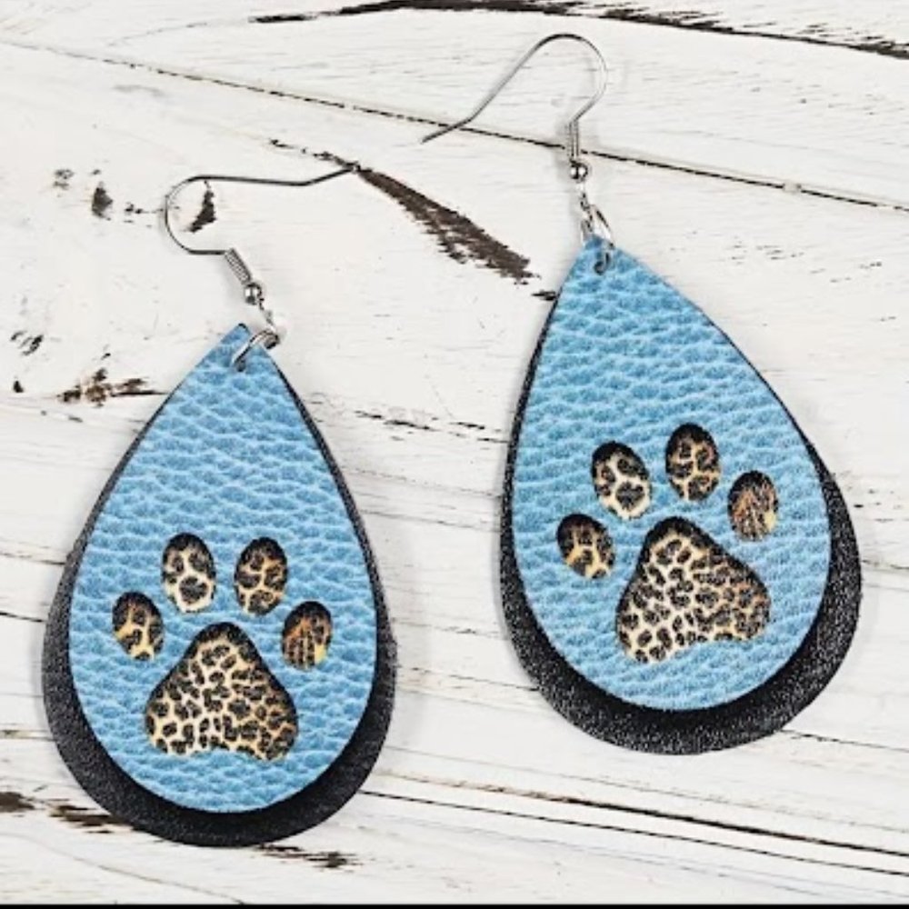 Leopard Dog Paw Print PU Leather Waterdrop Shape Earrings with .925 Silver Hooks